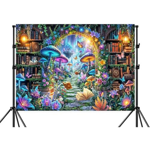 5X3ft Fantasy Library Garden Backdrop Enchanted Archway Glowing Mushrooms Flowers and Floating Books Magical Fairy Forest Photography Background for Birthday Party Photo Booth Studio Decor - color: Multi11, size: 5X3FT