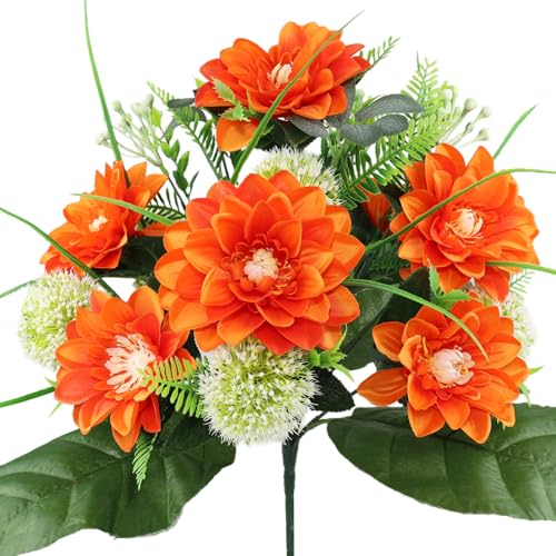 Cemetery Flowers -18 Piece Forked Orange Silk Artificial Flower for Headstones Grave Vase Gravesite Decoration - color: Orange