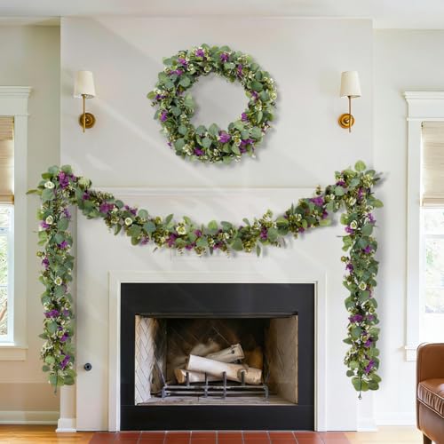 2Pack Eucalyptus Flower Garland with Violet 5.9Ft Artificial Ivy Greenery Hanging Vine Fake Ivy Floral Plants Garland for Wedding Outdoor Garden Party Background Table Runner, Total 11.8Ft, Purple - color: Purple Violet