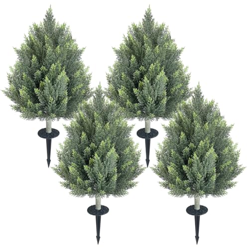 28inch Artificial Topiary Tree Set of 4 Beautiful Realistic Faux Cedar Pines Christmas Trees UV Rated Fake Shrubs for Front Porch Faux Plants Indoor and Outdoor Decor - color: 4pcs-cedar-tower