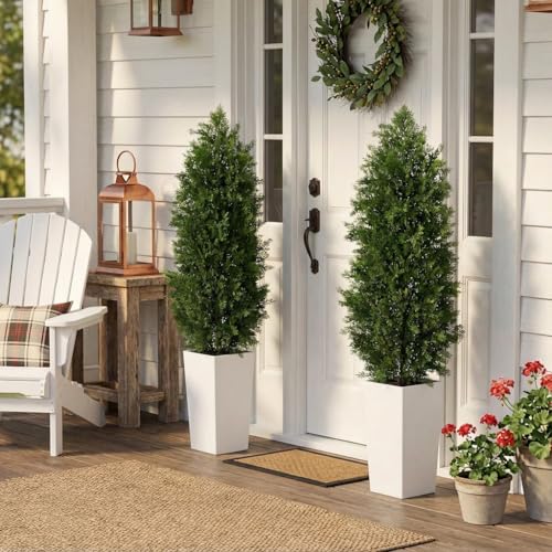 Aveyas 5ft Artificial Cedar Topiary Trees, 5 ft Faux Potted Plants Evergreen Fake Pine Cypress Tree for Outdoor Porch Home Outside Door Decor (5 Feet Tall Including Raised Pot) - Set of 2 Pack - color: Cedar Topiary Trees - 2 Pack (5ft)
