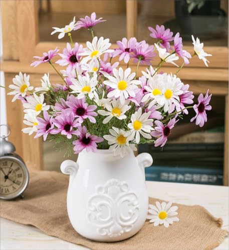NatureMan Artificial Flowers 12 Bundles Artificial Silk Daisy UV Resistant Outdoor Fake Wildflowers with Stems Daisy Arrangements for Home Hotel Office Garden Decoration (White, Purple) - color: White , Purple