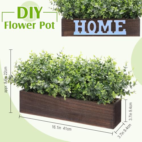 Lyrow 2 Pack Artificial Eucalyptus Plant in Rustic Rectangular Wooden Planter Box Greenery Faux Potted Herb Plant for Indoor Wedding Table Centerpiece(Green,16.1 x 3.7 x 8.7 Inches,Retro Style) - color: Brown, size: 16.1 Inch, style: White Frosted Pointed