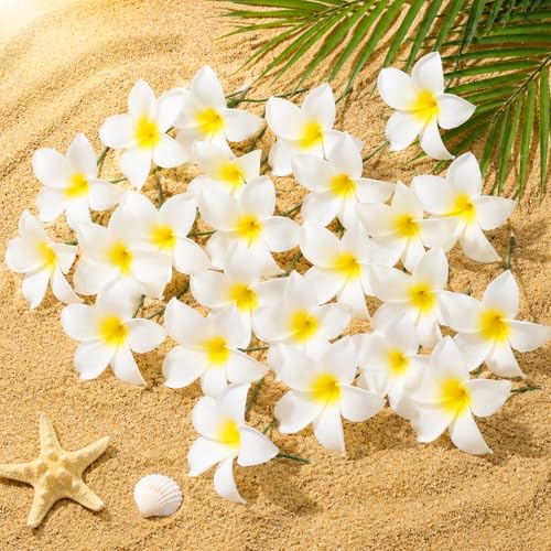 Tigeen 30 Pcs Hawaiian Plumeria Frangipani Artificial Flowers Fake Tropical Flowers with Stems for DIY Birthday Gifts Wedding Home Hawaiian Party Decor Table Centerpiece (Yellow) - color: Yellow