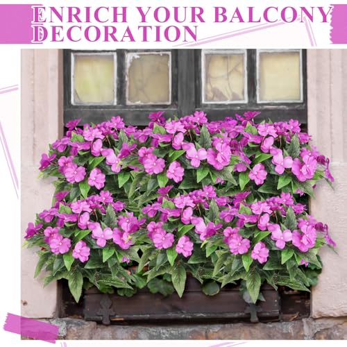 Wavwavw 6 Pcs Artificial Impatiens Bouquet Flowers for Outdoors 15 Inch Silk Flowers Greenery Artificial Impatiens for Outdoor Patio Lawn Garden Balcony Pot Hanging Basket Porch Decoration(Purple) - color: Purple