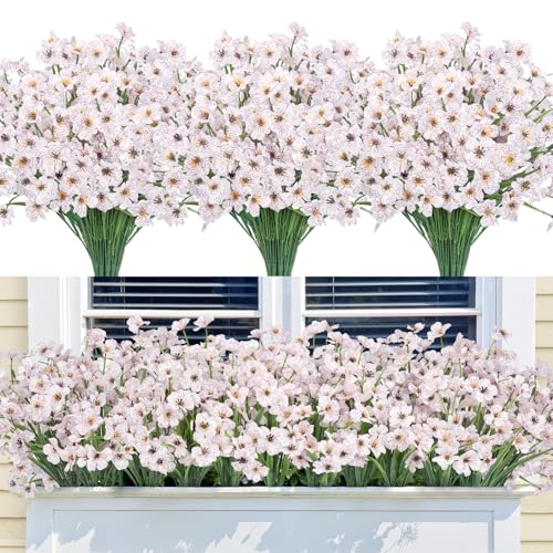 Bassion 24 Bundles Artificial Flowers for Outdoors Decoration, UV Resistant White Silk Fake Faux Flowers Artificial Plants for Outside Window Box Porch Garden Home Decor - color: White