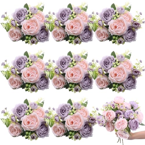 8 Bundles Artificial Peonies Flowers Boho Faux Flowers Arrangements Artificial Centerpiece Spring Bouquet Floral Wedding Decoration for Vase(Pink, Purple) - color: Pink, Purple