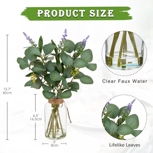 Briful Artificial Eucalyptus Stems in Glass Vase with Faux Water, 14" Fake Plant Eucalyptus with Lavender for Home Office Farmhouse Wedding Centerpiece Bathroom Décor - color: Seagreen