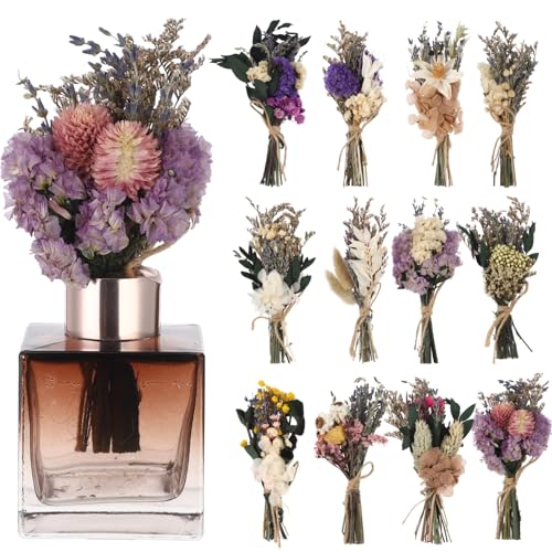 12 Pcs Mini Dried Boho Flower Bouquets - Bohemian Wedding Boutonniere Decors, Rustic Floral Arrangements, Small Natural Dried Flowers for Crafts, Vases, Handcrafted with Jute Twine