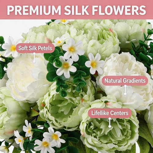Mixed Peonies Artificial Flowers in Glass Vase, Silk Faux Peony Bouquet with Faux Water, Lifelike Fake Flower Arrangement for Home Decor, Wedding Bouquet, Table Centerpiece, Living Room Office - color: Green