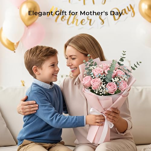 Auihiay 14PCS Pink Fake Roses, Artificial Roses Flowers with Long Stems for Mother's Day, Valentine's Day, Wedding Bouquet, Baby Shower, Birthday, Home & Party Decor - color: Pink