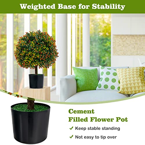 Goplus 22'' Artificial Boxwood Topiary Ball Tree, Set of 2 UV Resistant Faux Potted Plants Artificial Shrubs Bushes with Orange Fruits, Fake Evergreen Artificial Topiary for Home Front Porch Decor - color: Orange
