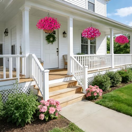INSPRING Artificial Fake Hanging Flowers Plants Baskets for Outdoors, UV Resistant Outdoor Hanging Faux Silk Petunias in Planter Look Real Morning Glory for Outside Patio Porch Balcony Garden, Fuchsia - color: Fuchsia