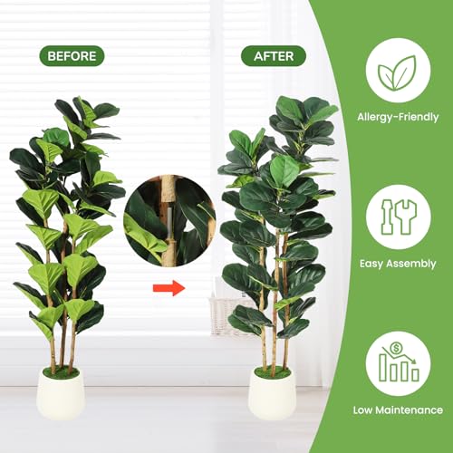 Garvee Artificial Fiddle Leaf Fig Tree with White Planter, 5 ft Tall Fake Plant with Natural Wood Trunk, Faux Ficus Tree Potted Moss for Home Office Living Room Decor - size: 5ft