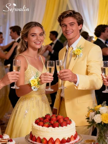 Serwalin Yellow Rose Corsage and Boutonniere Set, Artificial Silk Rose Wrist Corsage Wristlet and Boutonniere Set for Prom Homecoming Wedding Flowers Accessories Party Suit Decorations - color: Yellow, size: 1 Boutonniere & 1 Wrist Corsage - 2pcs