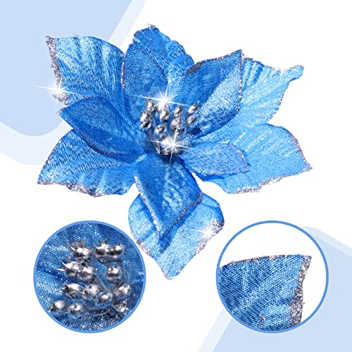 Geosar 100 Pcs 3 Size Christmas Poinsettia Flowers with Clips Glitter Artificial Flowers Small Christmas Tree Ornaments Faux for Xmas Party DIY Craft Wreath Garland New Year, 3/4/6 Inches(Blue) - color: Blue
