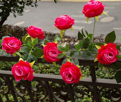Bendable Artificial Flower Garland Faux Rose Vine Hanging Floral Garland for Wall Decor Trellis Fence Home Room Garden Wedding Decoration(Fuchsia, 2pcs) - color: Fuchsia, size: 2pcs