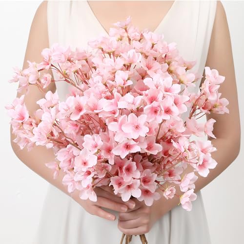 SITUMEIZI 6Pcs Artificial Cherry Blossom Branches Decor Fake Flowers Silk Spring Faux Flowers 16" Peach Bouquet for Home Wedding Bedroom Japanese Decoration DIY Table Centerpiece Arrangement(Pink) - color: 6pcs-pink, size: 16 Inches