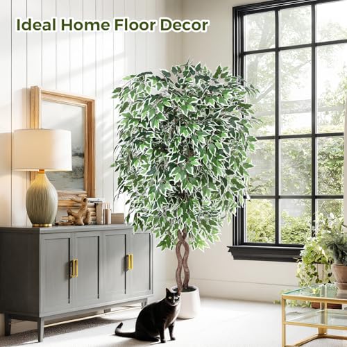 Jocoevol 6FT Artificial Ficus Tree, Tall Faux Trees Indoor with White Planter, Dried Moss, Natural Silk Leaves & Trunk, Fake Plants for Home Living Room Office Corner Decor Housewarming Gift - color: White Border, size: 6ft