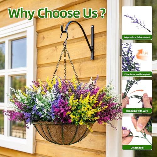 CLEANGOR 8 Pcs Artificial Lavender Flowers for Outdoors (4 Color) | UV Resistant Artificial Outdoor Plants, for Spring Summer Garden, Porch, Patio, Window Box, Home Decoration