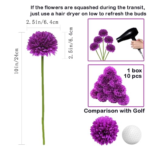 Blooming Paradise10Pcs Artificial Fake Flower Plants Silk Chrysanthemum Ball Hydrangea Arrangements Wedding Bouquets Decor Home Kitchen Garden Party Table Floral Centerpieces DIY (Dark Purple) - color: Dark Purple
