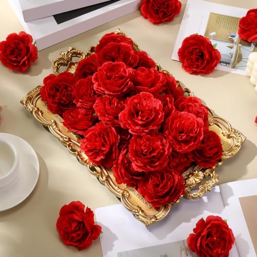 Thiccywoov 50 Pcs Artificial Flowers, 3.2 Inches Silk Rose Head Flowers Fake No Stem for Wedding Bridal Bouquet Home Floral Decor DIY Centerpieces Arrangements Party Tables Decoration(Red) - color: Red