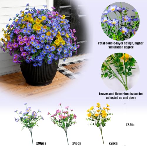 Artificial Plants & Flowers Outdoor 16 Bundles Fade Resistant Wildflowers Fake Daisy Outside Colorful Flowers Spring Summer Decorations for Planter Front Porch Decor(16 Bundles 3 Colors) - color: 16 Bundles 3 Colors