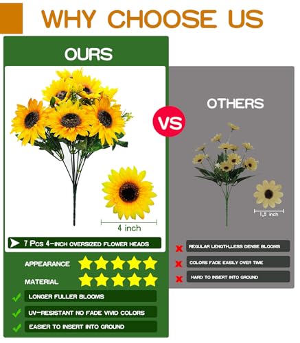TURNMEON 28Pcs Sunflowers Artificial Flowers for Outdoors Summer Decor, 4 Pack Fake Flowers Silk Faux Sunflower Bouquet Mum Flowers Arrangement for Vase Wedding Table Indoor Home Fall Cemetery Decor