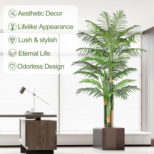 7ft Tall Triple Golden Cane Palm Artificial Tree Large Tropical Palm Tree UV Resistant Fake Plant in Pot for Indoor Outdoor Big House Living Room Outside Patio Office Home Decor 1Pack - size: 7ft