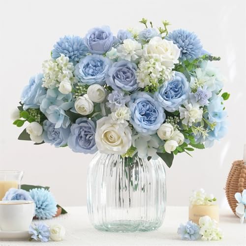 8 Pcs Mixed Artificial Peony Flowers Set-4 Bouquets & 4 Stems, Blue Fake Peony Rose Hydrangea Flowers for Vase Silk Floral Arrangements for Table Centerpiece Wedding Party Bridal Decoration Home Decor - color: Blue, size: Mixed 8pcs