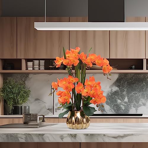 CXGS Artificial Orchid Flower Real Touch Faux Orchids in Ceramic Vase Large 22.9'' Fake Flowers Orange Phalaenopsis Floral for Home Indoor Decor - color: Orange- Golden (Large Pot)