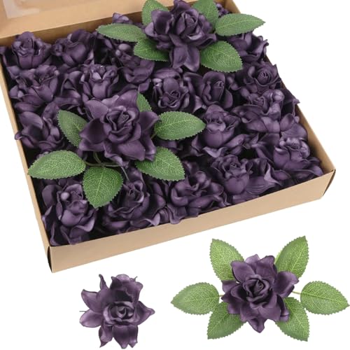 IPOPU 25PCS Gardenia Flowers Artificial 3.15’’ Foam Fake Rose Heads Deep Purple Faux Gardenia Flowers with Stems for Wedding Bouquet Bridal Shower Party Home Floral Arrangements(Deep Purple) - color: Deep Purple