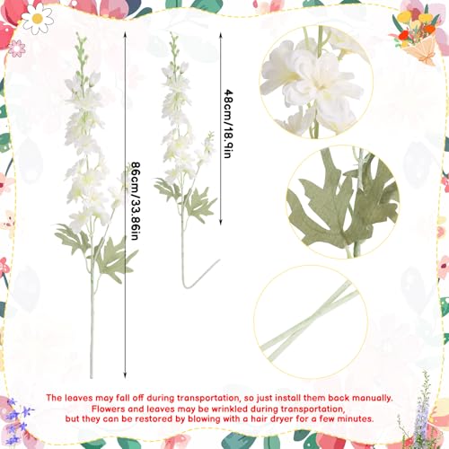 10 Pcs Delphinium Artificial Flowers for Decoration, 33.86 Inch Long Stem Larkspur Fake Flowers Light Blue Faux Silk Bouquets for Tall Vase Wedding Home Decor Floral Arrangements(White) - color: White, size: 33.86 inch