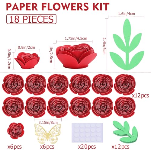 Mverse 3D Rolled Paper Flowers for Shadow Box & Graduation Cap Decorations - Handcrafted Small Roses Craft Kit with 3D Butterflies & Leaves - DIY Scrapbook Embellishments (Red) - color: 03- Red