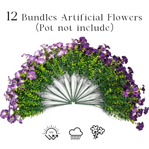 Artificial Flowers for Outdoors Decoration, 12 Bundles Fake Silk Morning Glory with Faux Plastic Eucalyptus UV Resistant for Outside Front Door Porch Planters Patio Garden Decor (MultiColor 4) - color: Multicolor 4