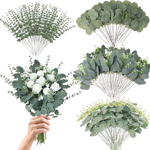 Eucalyptus Leaves Stems 150 PCS, 4 Kinds Mixed Artificial Greenery Stems for Wedding Decor Vase Floral Arrangement Centerpiece