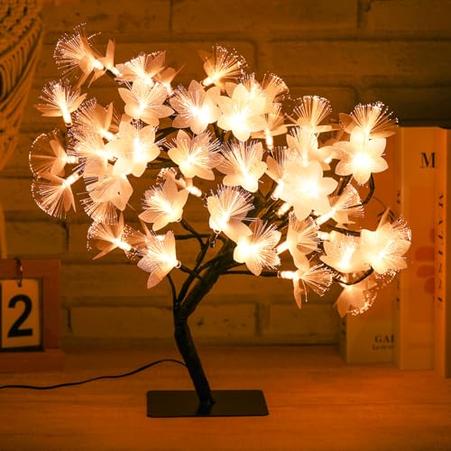 Drawelry Fiber Optic Flower Tree Lamp - 48 LED Table Night Light USB Powered Artificial Flower Bonsai Tree Lamp Bedroom Living Room Decor Valentine's Day Birthday Gift for Women Girls Mother (White) - color: White
