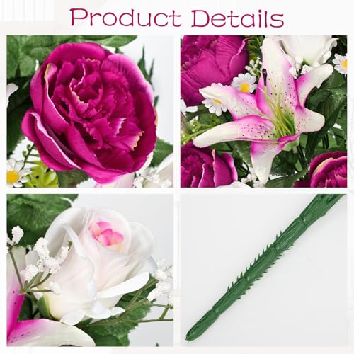 Briful 2 Set Artificial Cemetery Flowers for Grave, Silk Sympathy Grave Flowers Bouquet Fake Rose Peony Lily Floral Arrangement for Outdoor Vase Funeral Memorial Mother’s Day Decor - color: Purple Pink
