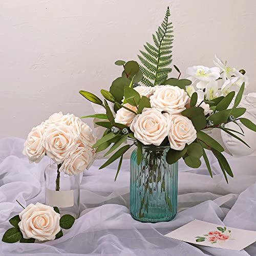 AmyHomie Artificial Flower Champagne Rose 25pcs Real Looking Fake Roses w/Stem for DIY Wedding Bouquets Centerpieces Arrangements Party Baby Shower Valentines Day Christmas Tree Decorations - color: Champagne