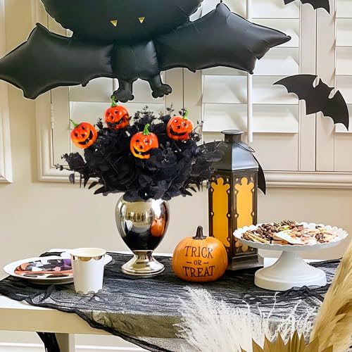 SITUMEIZI 14PCS Black Halloween Flowers Pumpkin Decorations Indoor Black Artificial Flower Fake Eucalyptus Branches Stems Halloween Table Centerpieces Decor - color: Black-pumpkin
