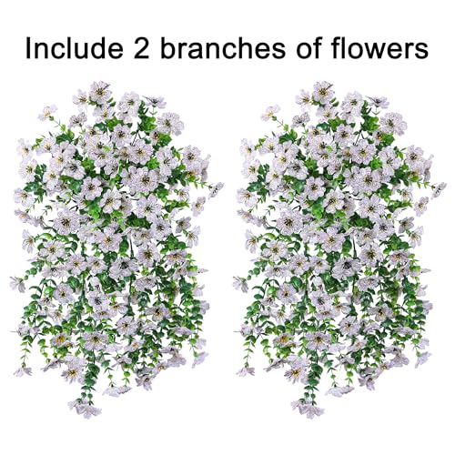 INSPRING Artificial Faux Outdoor Outside Flowers Plants, 2 PCS Fake Silk UV Resistant Look Real White Daisy Trailing Vines for Front Door Porch Planter Urn Patio Balcony Decoration - color: White