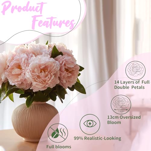 Light Pink Premium Silk Artificial Peonies, 2 Bouquets (10 Large 5.12" Heads), 13.78" Tall Fake Floral Arrangements for Wedding Centerpieces, Home Decor & Indoor Vase Display - color: Light Pink