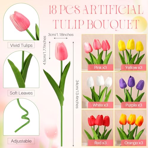 Uiifan 19 Pcs Spring Easter Centerpieces for Tables Home Office Decoration 18 Fake Artificial Tulip Flower Faux Realistic PU Bouquet with 1 Metal Pot Vase for Wedding Baby Shower(Bright Color) - color: Bright Color