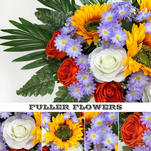 Artificial Cemetery Flowers for Grave,Memorial Flowers Bouquet with Vase for Headstones Decoration,Bright and Vibrant Sunflower Rose Daisy - color: Orange-purple