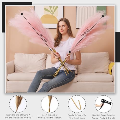 7 Pcs 45" Faux Pampas Grass – Fluffy Artificial Pompous Grass for Tall Floor Vase, Non-Shedding Home Decor, Boho Wedding Flowers, Baby Shower Centerpieces, Bedroom & Living Room Decor (Pink) - color: Pink