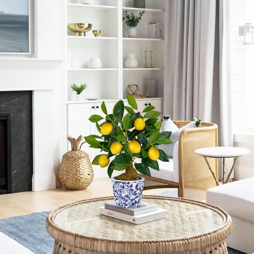Artificial Potted Plants, 15.7 inches Small Fake Lemon Tree Artificial Lemons Citrus Tree with Blue and White Pot Faux Potted Plants Indoor Lemon Decorations for Home, Office, Living Room Table, Desk - style: French Country
