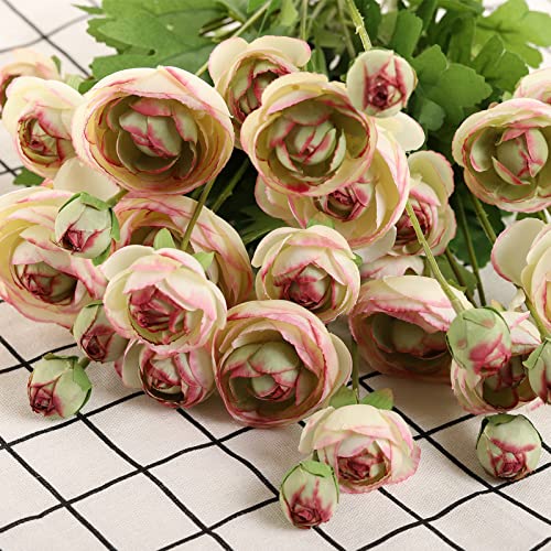 Artificial Silk Flowers Persian Buttercup Bicolor Ranunculus Flower 5 Pcs,Suitable for core Decoration,Wedding Floral Creation,Flower Arrangement DIY Project,Interior Decor（Green） - color: Green