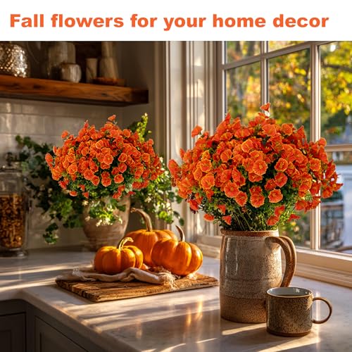 AXYLEX Artificial Fall Flowers Outdoor Fake Mums - 16 Bundles Fake Plants UV Resistant No Fade Faux Plastic Greenery Garden Morning Glory Home Decor (1, Orange) - color: Orange