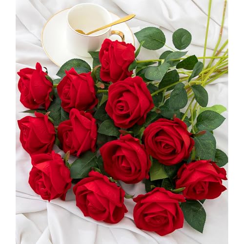Hawesome 12PCS Artificial Flowers Fake Roses, Realistic Velvet Long Stem Red Roses Bouquet for Wedding Centerpiece Home Decor Party & Valentines (Red) - color: Red
