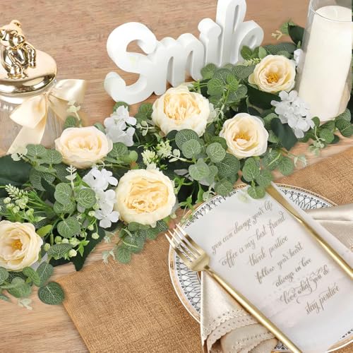 Betylifoy 2 Pack 6.2Ft Champagne Flower Garland Artificial Eucalyptus Flower Garlands Fake Peony Rose Floral Vines Hanging Hydrangea Flower Faux Greenery Garland for Wedding Party Table Backdrop Decor - color: Champagne
